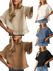 Womens Ruffled Sleeve Sweater Round Neck Knit Crochet Pullover Summer Fall Casual Top Blouse - 卡其色 - 查看 6