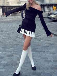 Women Piano Mini Skirts Y2k Harajuku Dark Coquette Aesthetic Grunge Black White Spliced Short Skirt - 黑色 - 查看 6