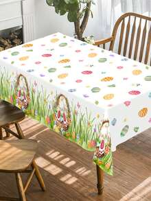 1 pieza Mantel de Pascua, 220x130cm, Mantel desechable de plástico con diseño de conejo de Pascua, huevos, polluelos, mantel rectangular con diseño de flores de primavera y cola de conejo, adecuado para decoración de mesa de cocina y comedor en el hogar, suministros para fiesta de Pascua - Multicolor - Ver 7