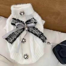 This White Faux Fur Pet Sweater Is Suitable For Autumn And Winter Wear, Featuring A Bow Design And Large Button Decoration, Soft And Comfortable, With A French Style, Suitable For Teddy Bears, Bichon Frises, Pomeranians, Yorkshire Terriers, And Maltese Dogs And Cats To Wear. - Multicolor - View 6