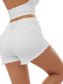 Celana Pendek Denim Wanita dengan Saku, Model Sobek, Elastis, dan Tali Serut, Warna Putih, Kasual untuk Musim Panas - Putih - View 2