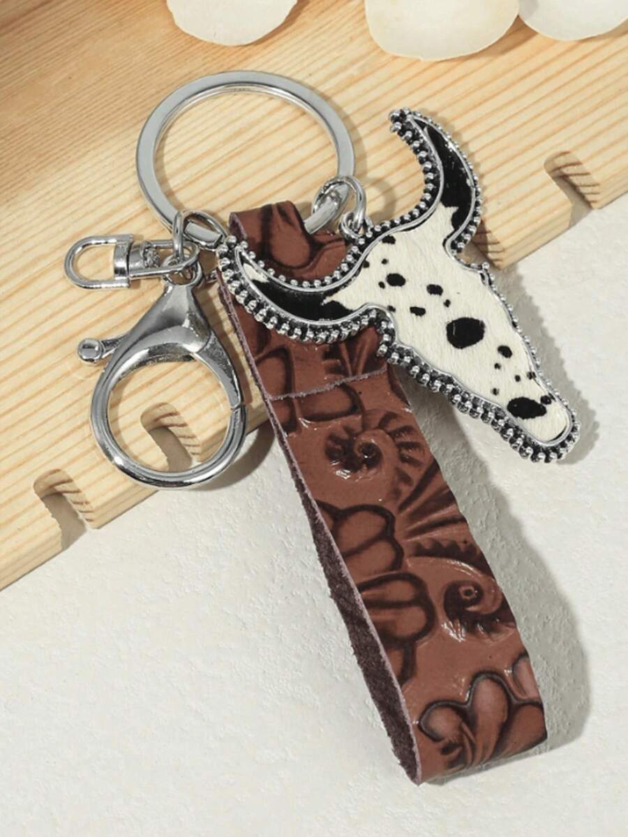 1pc Random Vintage Embossed Leather Random Cow Head Keychain Car Accessories Bag Charm Backpack For School Cute Goth Y2k Halloween Accessories Teachers Day - Nâu ngắn - Xem 1