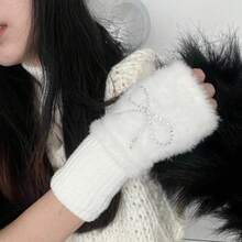 1 双可爱蝴蝶结仿毛皮半指手套，女士款，加厚保暖冬季手套，适合学生，日常百搭