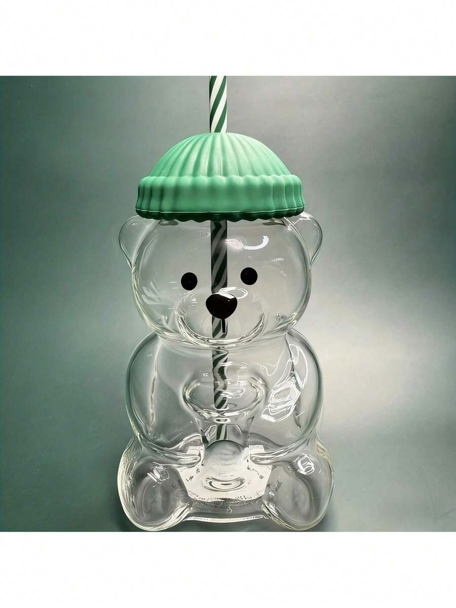 1/2pcs 590ml Mini Bear-Shaped Glass Cup With Green Hat Lid & Straw - Transparent Adorable Bear Bottle For Drinking, Cute Glass Glass Vessel For Home Office Use, Christmas Gift 2025, Reading Vessel, Holiday Present, Playful Drinkware, Durable Glassware - 綠色+橘色 - 查看 1