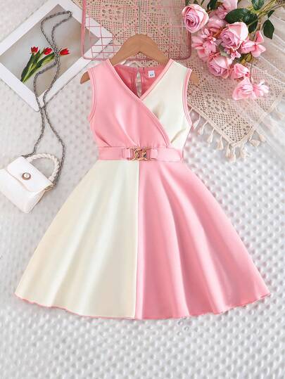 4-7 Years Old Girls Fashion Color Block Chain Decor Sleeveless Elegant Dress