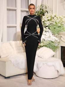 Modphy New Sexy Black Round Neck Bell Sleeve Rhinestone Decor Bodycon Bandage Maxi Dress, Fashion Party Formal Evening Gown - Black - View 2