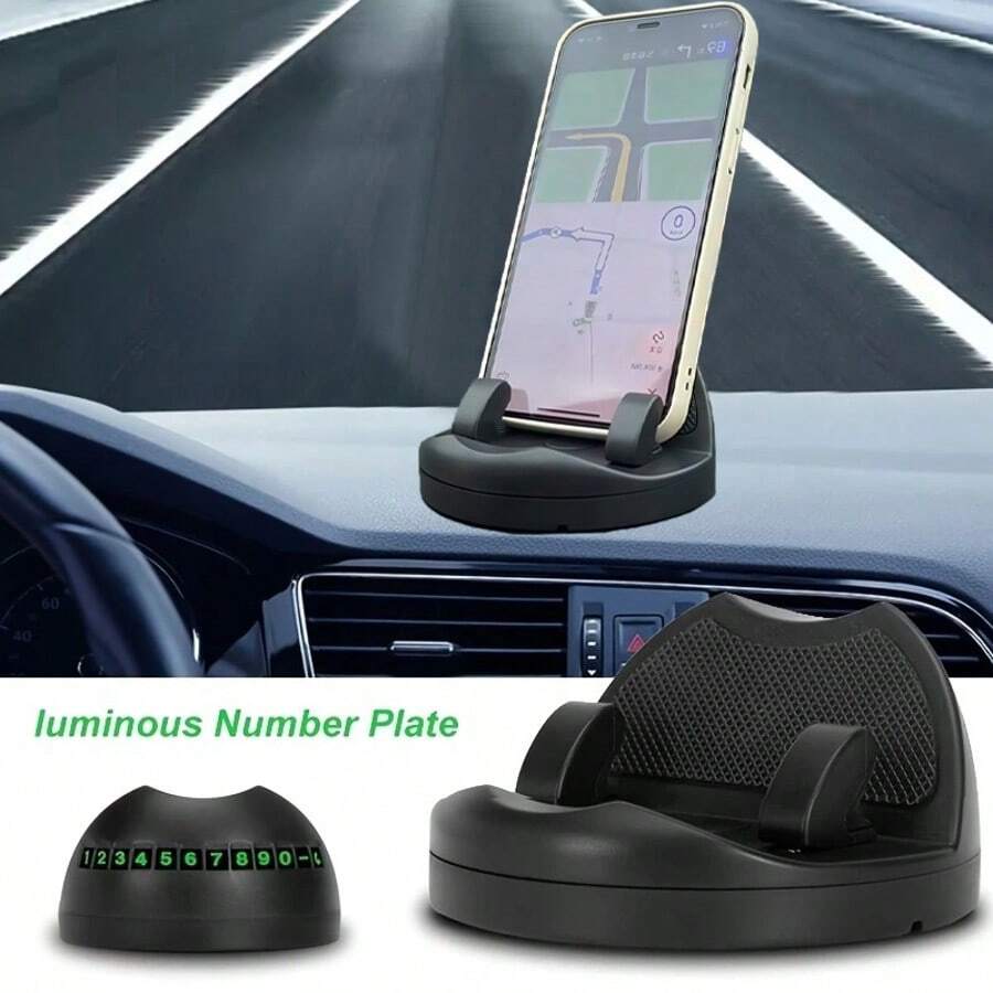 Black Car Phone Holder With Parking Number Plate, Multi-Functional. It Can Be Used As A 360-Degree Rotatable Dashboard Phone Holder For Convenient Navigation Adjustment. The Number Plate Also Has A Luminous Function, Making It Easy To Use As A Removable Parking Plate. It Is Widely Compatible With Various Vehicles, And The Illuminated License Plate Is A Great Highlight.