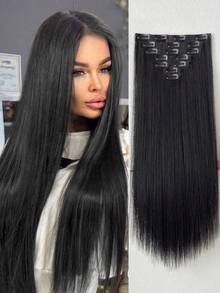 ZURO 16 Clips 22 Pulgadas 7 piezas Extensiones de cabello sintético negro liso para mujeres - Negro - Ver 12