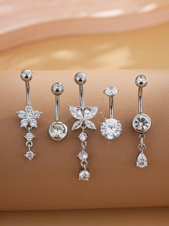 5 piezas Anillos de ombligo de acero inoxidable con mariposa y zirconia en forma de lágrima, conjunto de joyas de perforación sexy para mujeres, adecuado para festivales