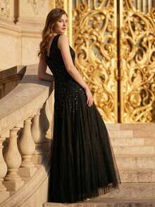 EVERPRETTY 女士优雅正式礼服，奢华派对晚礼服，黑色亮片领结正式连衣裙，V领喇叭下摆派对婚礼宾客礼服 春季 - 黑色 - 查看 6