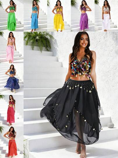 תלבושת לריקודי בטן: טופ עם נצנצים וצווארון קולר + חצאית שיפון זורמת עם קישוטי גדילים זהובים. תלבושת ריקוד צמודה ואלגנטית להופעות ותרגול (זמינים במגוון צבעים).