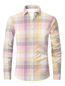 Men's Casual Fashion Button-Down Collar Printed Shirt, Long Sleeve Casual Stylish Shirt For Spring & Autumn - Pink - View 6