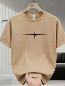 Men's T-Shirt, 100% Premium Cotton, Short Sleeve, Shiny 4-Point Star Print, Gym Suit, Stylish Gift For Him, Crew Neck, Plain, Casual Fashion - 米色 - 查看 1