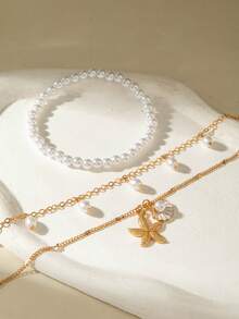 3pcs Minimalist Beaded Faux Pearl Multi-Layer Delicate Chain Pendant Starfish & Seashell Pearl Creative Niche Jewelry Anklet Set, Suitable For Vacation, Party, Gift
