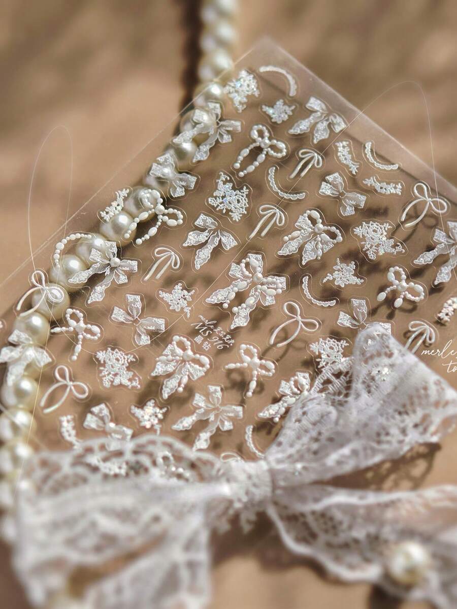 1片5D水晶水钻美甲贴纸,奢华美甲贴纸,精致美甲装饰贴纸,蝴蝶结美甲装饰贴纸,美甲用品,美甲贴纸 - 白色 - 查看 1