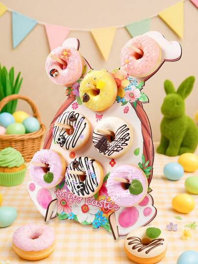一套复活节可爱兔子木制甜甜圈展示架，兔子造型甜甜圈架，适用于复活节派对装饰、复活节派对餐桌中心装饰、复活节木制桌面装饰、复活节家居装饰、复活节甜点展示架、复活节家居装饰品、复活节氛围装饰木制装饰品、复活节兔子装饰品、节日家居装饰品、复活节派对用品
