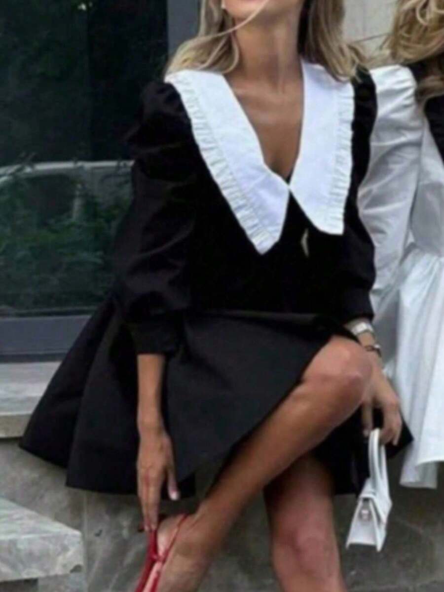 女士时尚彼得潘领连衣裙，尖领时尚撞色泡泡袖迷你连衣裙黑色春季优雅 - 黑色 - 查看 1