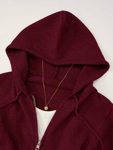 Women's Casual Cute Short Zip-Up Hooded Fitted Knit Cardigan Top, Drawstring Long Sleeve Everyday Commute Versatile Knit Jacket, Autumn/Winter Streetwear Y2K Style, Christmas/Thanksgiving/New Year Gift - Burgundy - View 2