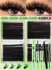 720/648 Pcs Synthetic Eyelash Glue Kit, D-Curl Synthetic Eyelash Extension Set, Includes 10D + 20D + 30D + 40D + 50D + 60D + 80D + 100D + 120D + 150D, Mixed Lengths From 9mm To 18mm, Fluffy Synthetic Eyelashes. Lightweight, Soft, Fluffy Lash Clusters, Cluster Lashes.