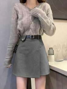 Asymmetrical Design Wool A-Line High Waist Midi Skirt - Grey - View 4