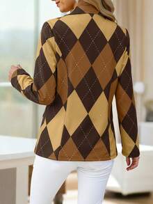 HOMEYEE 格子印花复古休闲西装外套，优雅百搭，适合日常、商务和通勤穿着。 - 卡其色 - 查看 2