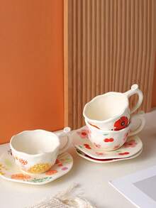 ins风手绘花卉咖啡杯碟套装，少女樱花牡丹陶瓷杯，优雅下午茶餐具，家用早餐杯