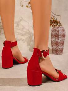 Nuevas sandalias de verano de punta abierta, tacón grueso de ante ligero y elegante con tira para mujeres - Rojo - Ver 10