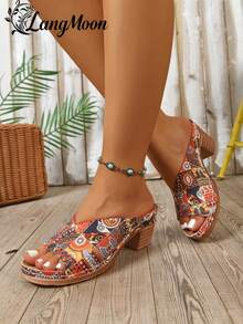 Sandały LangMoon 2026 Bohemian Graffiti na grubym obcasie, kolorowa cholewka z nadrukiem i solidny gruby obcas, wysokie, a zarazem wygodne, podeszwa antypoślizgowa, personalizowane, przyciągające wzrok, idealne na wakacje, randki, imprezy, niezbędne w wiosenno-letnich stylizacjach - Pomarańczowo-czeski - Zobacz 6