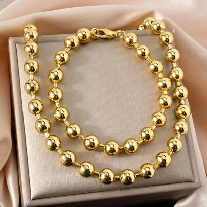 2pcs 14k Gold Plated 8mm Bead Necklace And Bracelet Jewelry Set, Elegant & Delicate, Suitable For Women's Daily Wear, Parties, Holidays, Autumn/Winter Sweater Chain