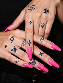 4片装草本汁液纹身贴纸，半永久魔法纹身贴纸，灵感源自浪漫清新的蝴蝶、莲花、爱心、星星、飞机、蛇、月亮、行星图案，适合情人节、嘉年华等节日礼物，简约风格，持久14天，不干裂，适合单身派对、节日等场合，不反光，可贴于手指、手腕、胸部、腹部、背部、肩膀、颈部、手臂等身体部位，临时纹身贴纸，仿真纹身。 - 藍色 - 查看 7