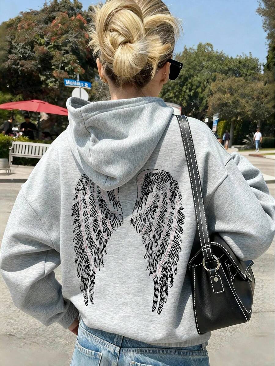 1件少女休闲印花套头卫衣,保暖内衬,长袖,秋冬季学生服装 - 淺灰色 - 查看 1