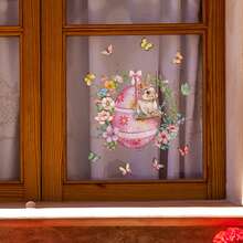 2pcs Removable Cute Rabbit Swinging On Floral Egg Static Cling Window Stickers, Suitable For Easter Decoration In Living Room, Bedroom, Balcony, And Storefront - Multicolor - View 5