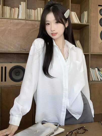 Lace Patchwork Design Long Sleeve Blouse For Women, Loose Casual Versatile Top, Spring