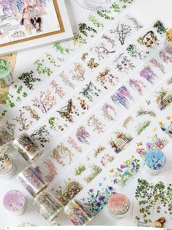 A 2-Meter Roll Of Plant And Flower Die-Cut Tape, Creative Aesthetic Stickers, DIY Decorative Collage Handmade Materials, Holiday Gifts, Personalized Scrapbook School Stationery Supplies,Suitable For Miniature Landscaping Pocketbook