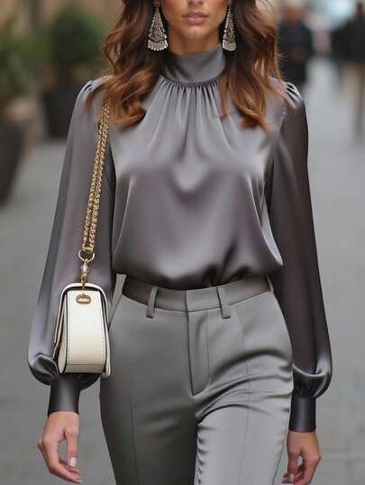 Old Money Style Solid Color Non-Stretch Soft Satin Casual Loose Comfort Stand Collar Long Sleeve Premium Gray Women's Blouse