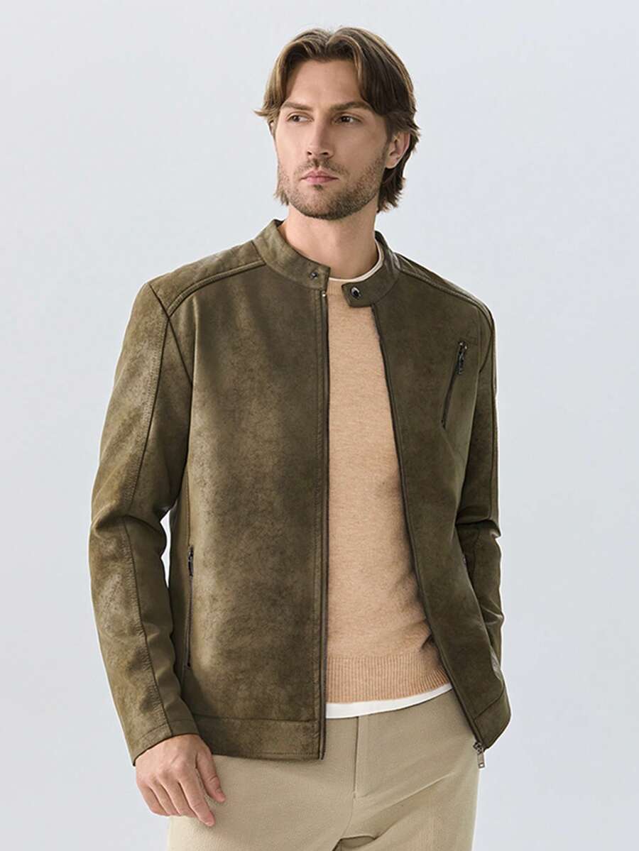 Men's Jacket With Vintage Tie-Dye Washed Effect, Fashionable And Stylish Leather Jacket - Army Green - View 1