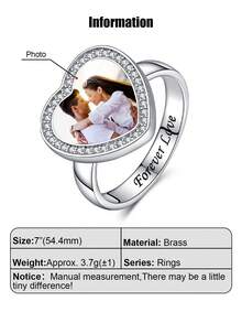 个性化心形照片戒指，定制照片印章戒指，镶嵌锆石纪念首饰，送给女性、祖母、母亲、母亲节、情人节、生日、周年纪念日、毕业典礼、圣诞节、家人、朋友和同学的礼物