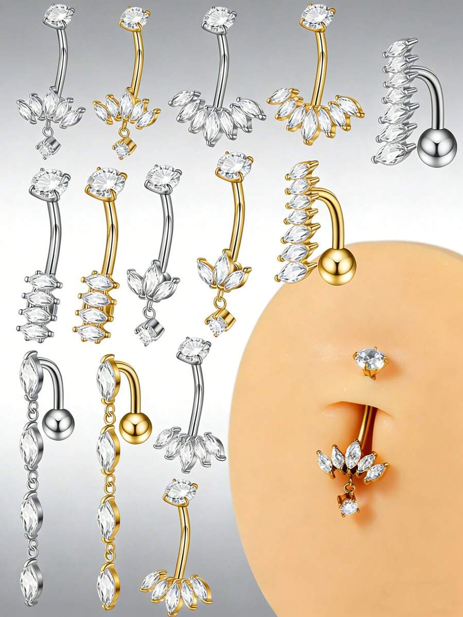 1 pieza Anillo de ombligo con flor de marquesa de acero inoxidable y circonita, 14G, con colgante de circonita, piercing inverso de joyería para el ombligo