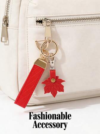 Red & Orange Plaid Keychain With Maple Leaf Decor, Versatile Style Key Organizer & Seasonal Accessory