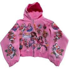 Jesus Y2K Graphic Hooded Streetwear Oversized Pullover Zip Up Sweatshirt Grunge Gothic Vintage Aesthetic Hooded Jacket - Color 5 - 查看 9