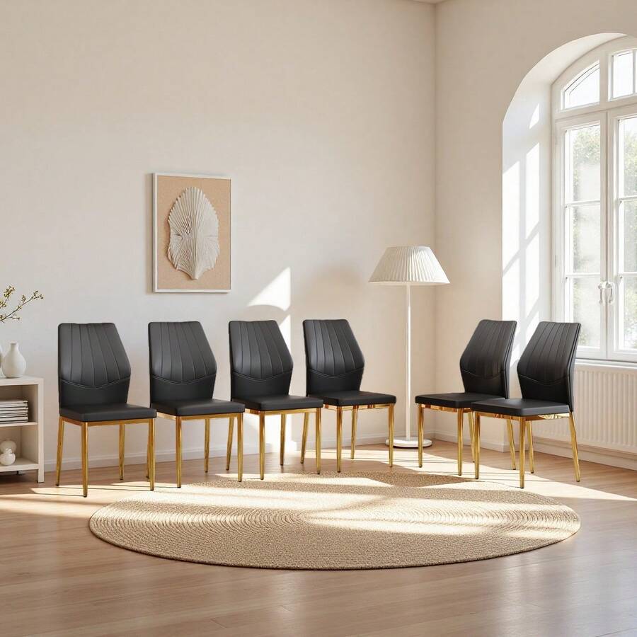 MUUOKY Modern Dining Chair Set Of 6, Faux Leather Upholstered Dining Room Chairs With High Back And Sturdy Metal Legs, Armless Kitchen Chairs With Comfortable Padded Seat, Perfect For Dining Room, Kitchen, Living Room, Or Apartment, Easy To Clean And Assemble, Ideal For Holiday Meals, Thanksgiving, Christmas And Home Decor - 黑色+金色 - 查看 1