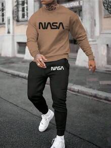 Plus Size Men Street Casual Soft Comfortable Versatile Sportswear Set, Minimalist 3D Letter Print Crew Neck Long Sleeve Sweatshirt And Sweatpants 2 Pieces, Suitable As Holiday Gift, Fall Clothes - Multicolor - View 5