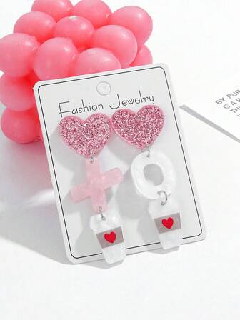 A Pair Glitter Heart Acrylic Letter "XO" Bubble Tea Cup Earrings - Women's Fashion Jewelry, Y2K Long Drop Earrings, For Dates, Bestie Gatherings, Valentine's Day, Daily Wear