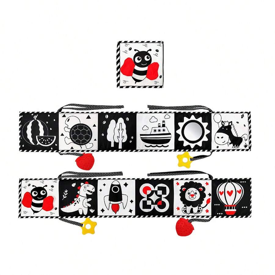 Książka z tkaniny Montessori dla niemowląt z lusterkiem, zabawkami sensorycznymi i gryzakami, interaktywna nauka wczesnoszkolna z kontrastowym napisem "Czas na brzuszek" dla noworodków - Wielokolorowe - Zobacz 1