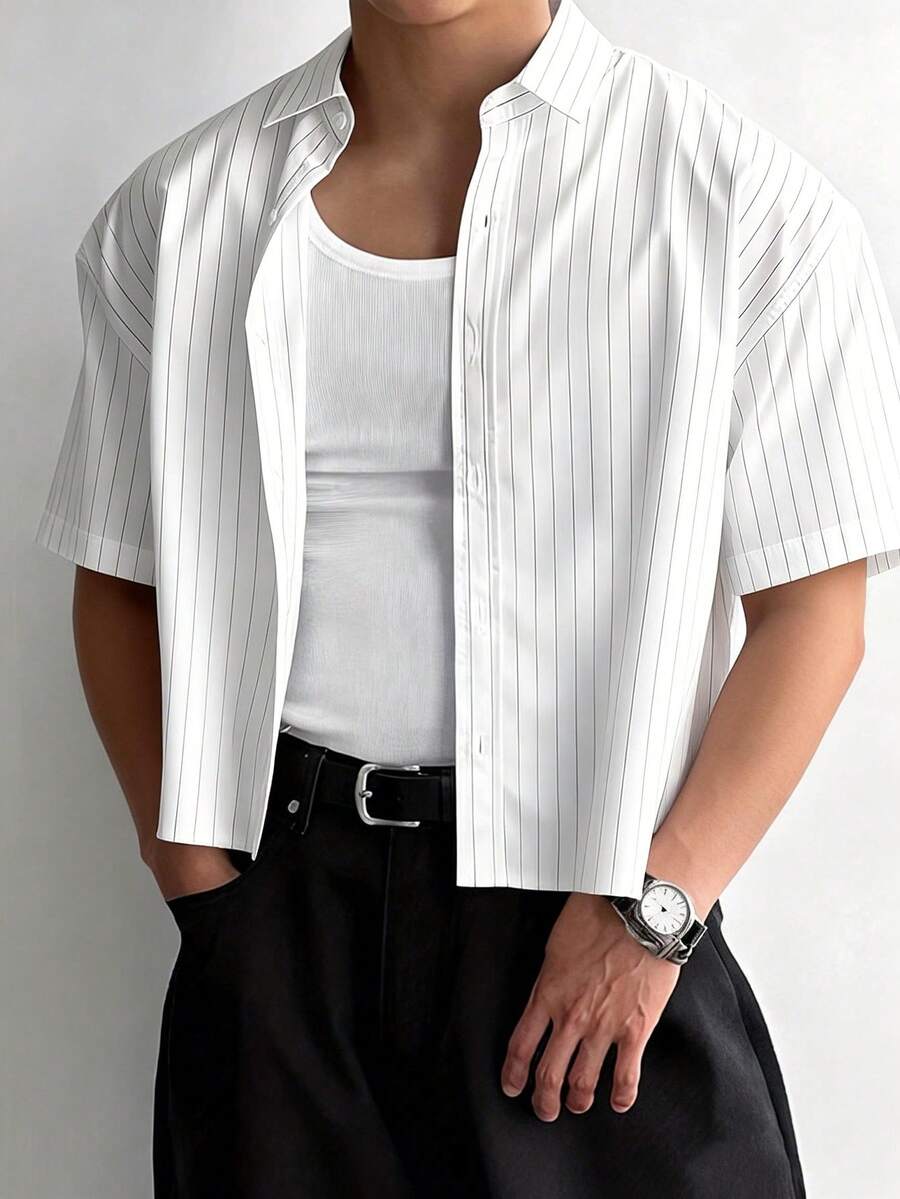 WAIT HIM Men's Casual Loose Striped Short Sleeve Shirt, Spring To Summer - White - View 1