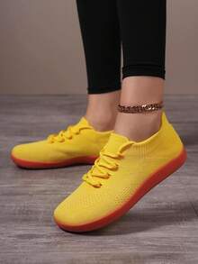 女士透气针织网面运动鞋，轻便软底户外休闲鞋，春夏款 - 黃色 - 查看 8