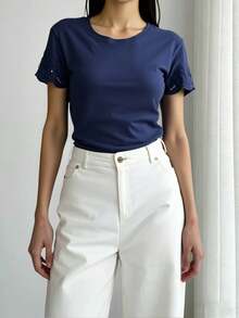 Women's Plain Blouse, Summer/Spring Style, Round Neck, With Lace, Eyelet Embroidery, Fan Shape, Ruffled Hem, Beach Style - Màu xanh hải quân - Xem 1