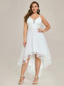 EVERPRETTY 浪漫贴花高低摆修身吊带婚纱 白色优雅新娘礼服，适合春夏婚礼派对，新娘