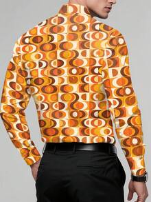Men's 70s Disco Party Long Sleeve Shirt, Vibrant Geometric Circle Digital Print - Retro Hippie Bohemian Style Design, Suitable For Casual Gatherings, Halloween, Music Festivals, Fashion Occasions, Holiday Outfits | Vibrant Pattern | Spring/Autumn Casual Wear - Multicolor - View 3