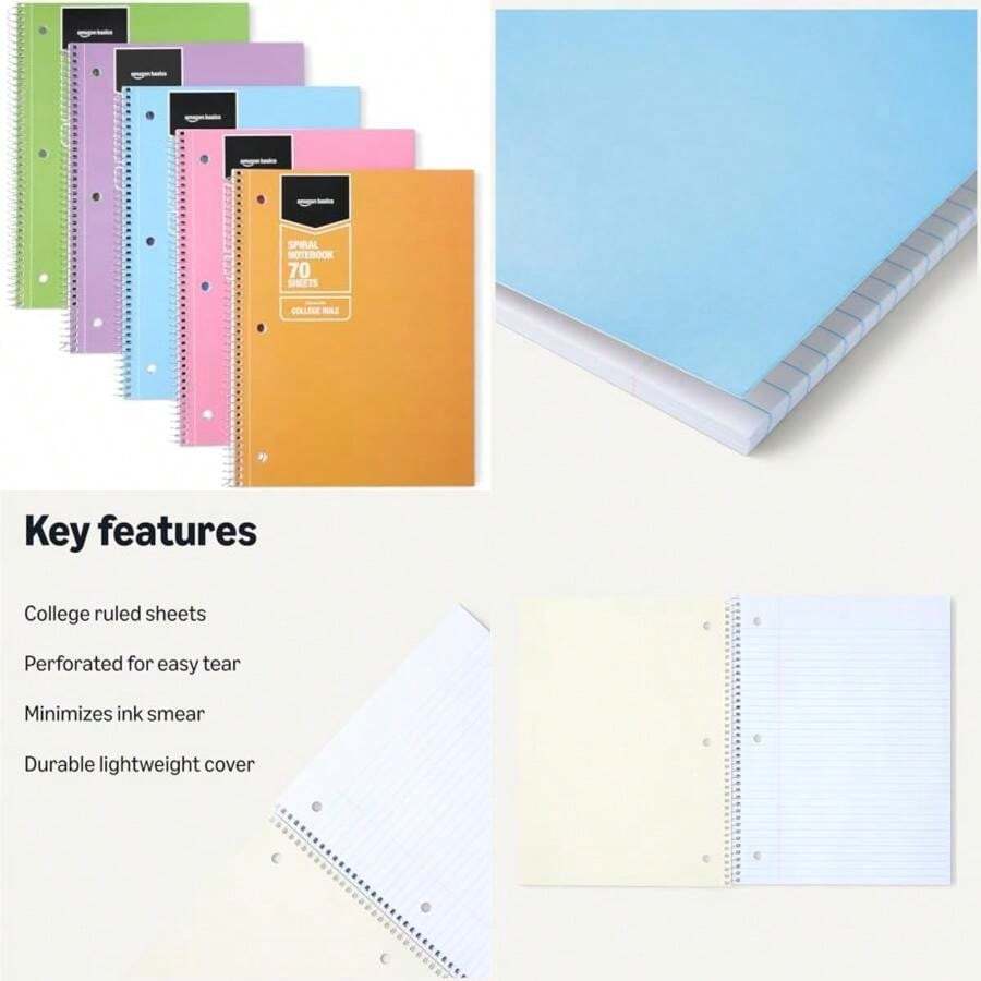 Basics Cuaderno Escolar de Espiral de Rayas, 70 Hojas, 7-1/2" x 10-1/2", Colores Pastel Variados, Paquete de 5(default) - Multicolor - Ver 1
